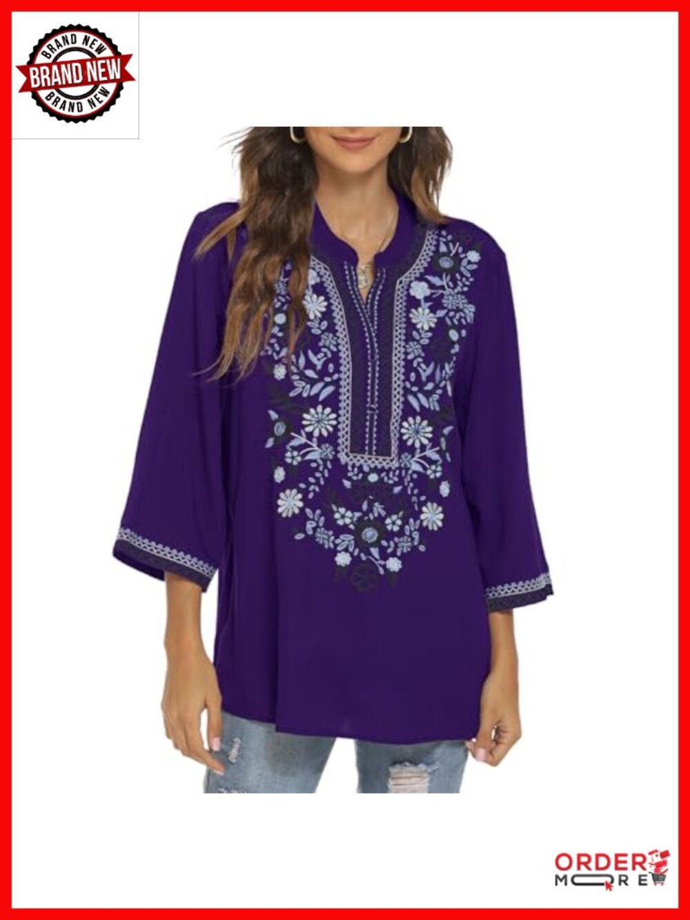 Embroidered Peasant Top Boho Floral 3/4 Sleeve V Neck Rayon Tunic Blouse Loose
